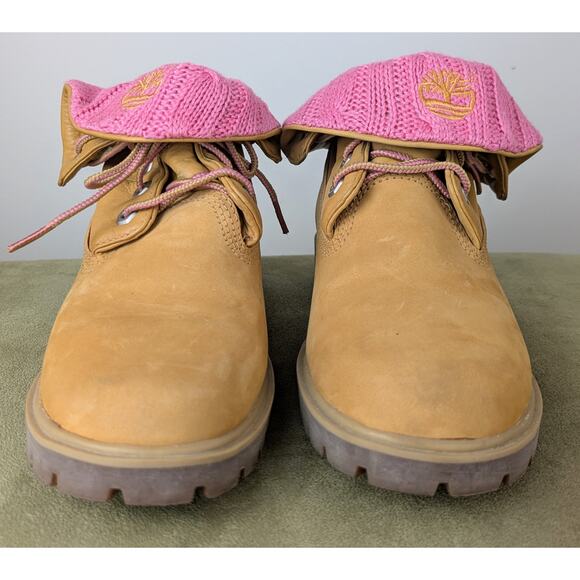 Timberland Womens Jayne Leather Hiking Boots 6 Saddle Brown Pink Fold Cuff Ankle - Picture 7 of 12